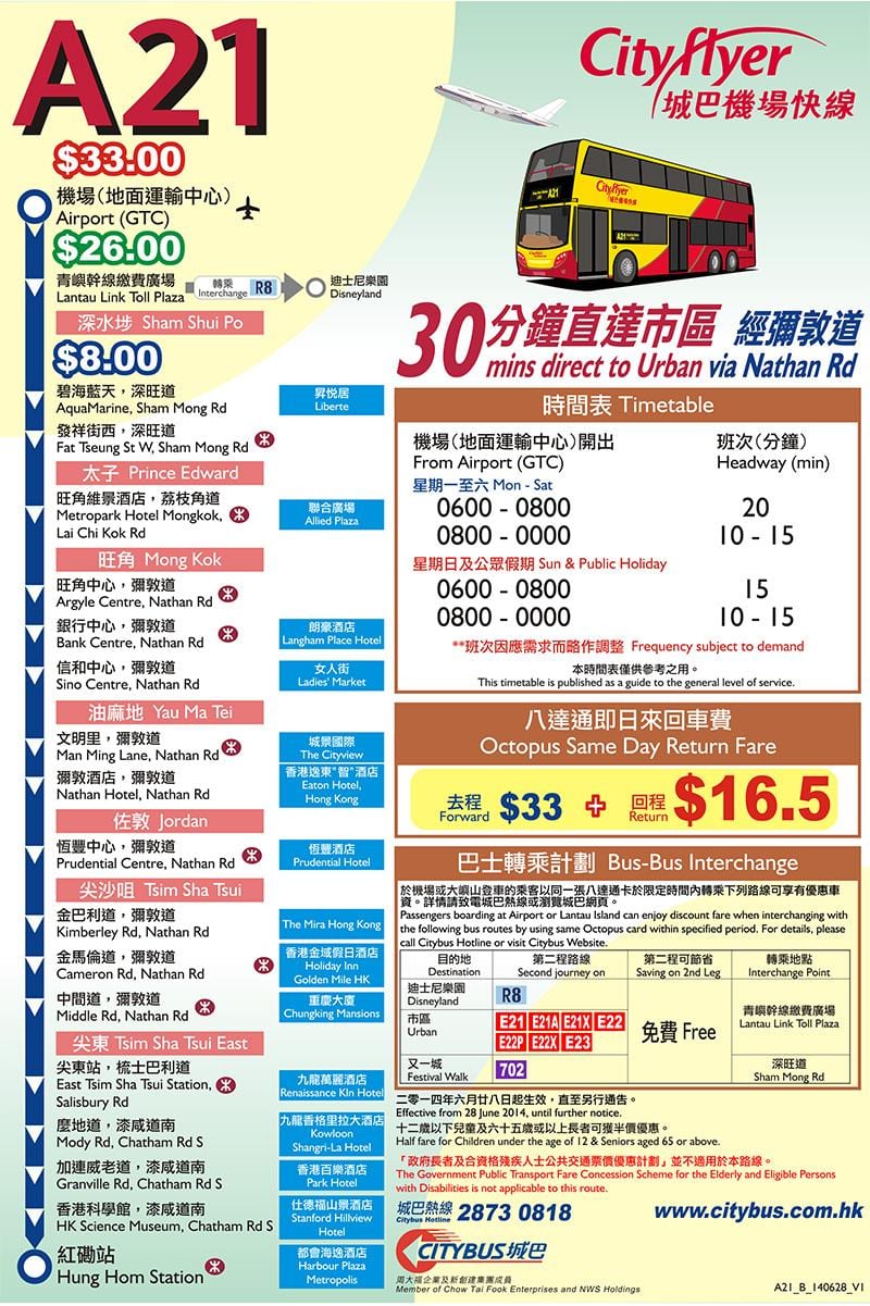 Hong kong А21 xəritəsi, avtobus marşrutlarının